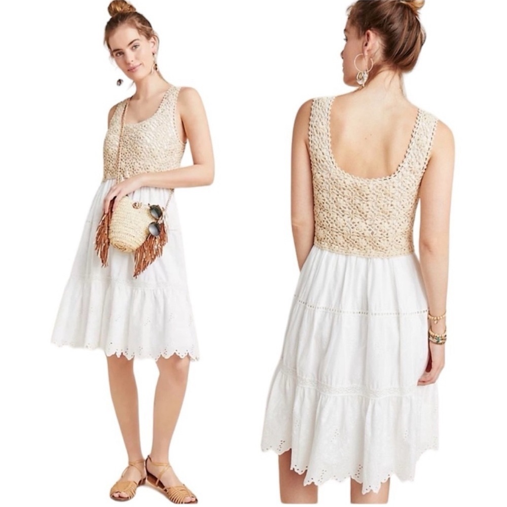 Anthropologie Beckett Crochet Eyelet A-Line Beige and Off-White Dress, XS